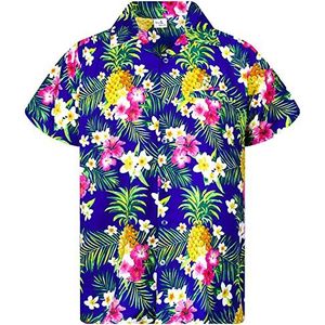 King Kameha Funky Hawaïhemd voor kinderen, jongens en meisjes, korte mouwen, borstzakje, Hawaii-print, uniseks, ananas, bladeren patroon, Kids Pineapple Flowers Blauw, 14 Jaar