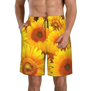 PHTZEZFC Gele zonnebloemprint strandshorts voor heren, lichtgewicht, sneldrogend, zwembroek met trekkoord en zakken, Wit, S