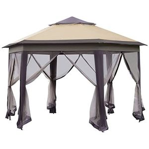 Outsunny tuinpaviljoen vouwpaviljoen 4 x 4 m pop-up tent partytent incl. draagtas 6 zijpanelen dubbel dak zeshoekig koffie + beige