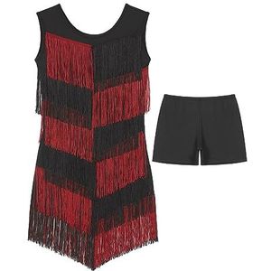 Danskostuums Damesjurk met kwastjes Latin dansvoorstelling kostuum Mouwloos Kleurblok Jurken met franjes en shorts Ballroomdanskleding (Color : Rosso, Size : XL)