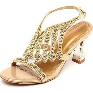 TABKER Sandalen met hak zomerstijl goud hoge hak sandalen strass trouwschoenen diamanten gesp dames eenvoudig (kleur: goud, maat: 8)