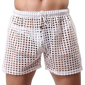 sandbank Heren Sexy Mesh Hollow Opengewerkte Trekkoord Lounger Ondergoed Boxers Shorts Trunks, Wit, M