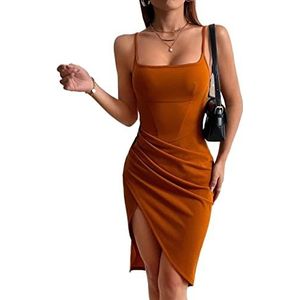 jurken voor dames Effen ruches cami-jurk met asymmetrische zoom (Color : Burnt Orange, Size : XXS)