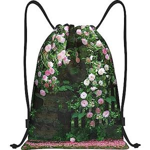 TOMPPY Roze Bloem Muur Gedrukt Trekkoord Tas Trekkoord Rugzak Sport Gym Sackpack String Bag Voor Mannen Vrouwen, Zwart, Small