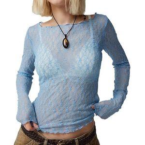 Vrouwen Y2k Sheer Crop Top Met Ronde Hals Perspectief Kant Mesh T-shirt Golvend Transparant Kort Laag Uitgesneden Slim Fit (Color : Blue, Size : L)
