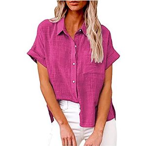 beetleNew Dames shirts met korte mouwen met voorzak casual losse pasvorm button down blouse zomer lichtgewicht kraag tops verkoop, mode dames tops UK, roze (hot pink), 5XL
