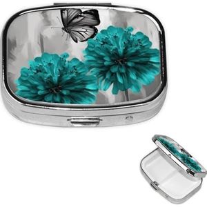 Grijze groenblauwe bloem vlinder pillendoos 2 compartimenten, kleine pillendoos voor portemonnee en zak, metalen pillenetui met spiegel, dagelijkse pillenorganizer, draagbare medicijnvitaminehouder,