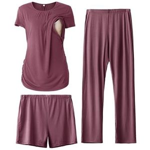 SUNNYBUY Zwangerschapspyjama voor dames, set met korte mouwen, borstvoedingsshirts, zwangerschapsshorts en -broeken, 3-delige zwangerschapskleding, nachtkleding, Bordeaux, S