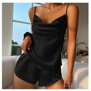 Effen satijnen pyjamaset Cami-top met V-hals en elastische tailleband Shorts Nachtkleding for dames Loungewear (Color : Black, Size : XL)