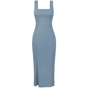 Sexy Bodycon-jurk met Hoge Split voor Dames, Effen Sling-avondjurk met Vierkante Hals(Color:Grey blue,Size:XL)