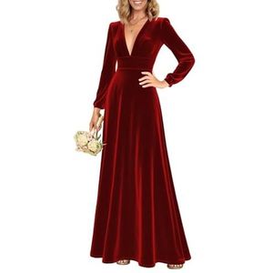 Fluwelen bruidsmeisjesjurk met mouwen, diepe V-hals, formele avondjurk, wijnrood, 32