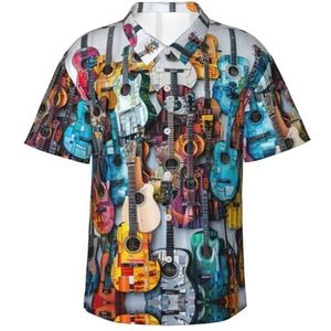 ERSDWRE Kleur Akoestische en Gitaren Print Heren Korte Mouw Button-Down Shirts Casual Zomer Strand Shirts Hawaiiaanse Shirt voor Mannen, Zwart, S