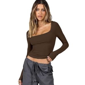 Rongseng Y2k damesshirt met lange mouwen, sexy bovenstuk, vierkante hals, crop tops, slimfit, lange mouwen, stretch, basic, effen elegante streetwear, koffie, M