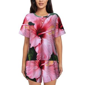 YJxoZH Hawaii Roze Bloem Print Womens Zomer Pyjama Sets Nachtkleding Dames Korte Mouw Nachtkleding Pjs Lounge Met Zakken, Zwart, XL
