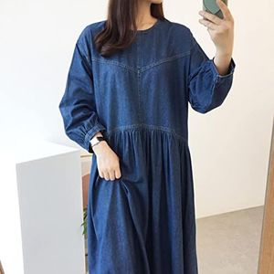 Losse vintage lange denim jurk vrouwen o nek oversized chic full mouw vrouwen cowboy een lijn jurk vrouwelijke Koreaanse 2021-Blue,One Size