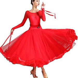 Yhsgscr Professionele ballroom performancekleding Feesttangojurk voor dames Walsrok met lange mouwen en grote swing Klassieke ademende Kleding voor sociaal dansen,A,L
