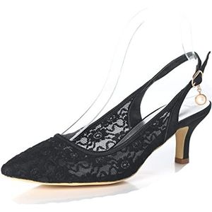 SYDZSW Slingback Kanten pumps met kittenhak voor dames, elegante witte bruidsschoenen met parelcharme voor bruiloft, gala, formele evenementen, Zwart, 40 EU