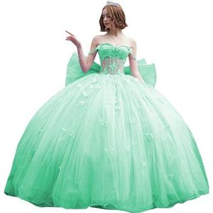Fuomomo Quinceanera-jurk met dunne bandjes en vlinderglitter, Quinceanera-jurk met vlinders en grote strik, baljurk van kant met parels MT053, Munt, 38
