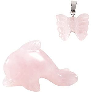 Soulnioi Genezend kristal natuurlijke rozenkwarts kristal set van vlinder hanger ketting en mini dolfijn ornament voor Reiki Luck Decoratie Gift