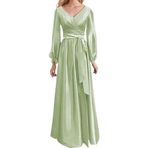 Prinses Bruidsmeisje Jurken Lange Mouw Galajurken V-hals Satijn Formele Avondfeest Maxi Jurk ZM200, Sage Groen, 32