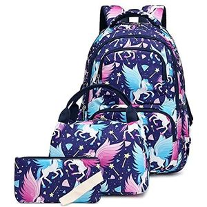 3-delige eenhoorn schoolrugzak met lunch draagtas etui schooltas set schattige dieren laptop rugzakken met glitter waterdichte rugzak voor meisjes Navy Blue
