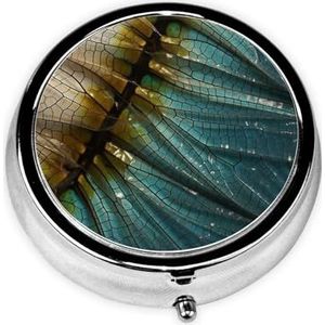 Dragonfly Wing Textuur Detail Print Ronde Pillendoos 3 Compartimenten Draagbare Mini Pillenhoes Metalen Pil Organizer Pil Container voor Pocket Portemonnee Kantoor Reizen