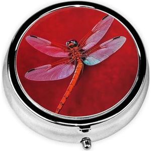Pillendoosje met spiegel, retro pillendoosje met 3 vakken, libelle op rode achtergrond, kleine pillenorganizer voor portemonnee of zak, decoratieve metalen medicijnen, vitamine-organizer, unieke
