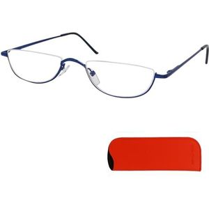 Mini Brille® Lookover Metalen Leesbril Halve Maan Bril, GRATIS Brillenkoker en Brilpoetsdoekje, Metaal Frame (Blauw) met veerscharnier, Leeshulp voor Mannen en Vrouwen +1,0 dioptrie