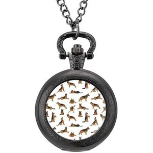 Duitse herdershonden in verschillende houdingen vintage zakhorloge met ketting kwarts Arabische cijfers digitale schaal gepersonaliseerde kerstverjaardagscadeaus zwarte stijl