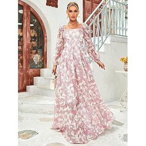 jurken voor dames Square Neck Lantern Sleeve Floral Pattern Mesh Overlay Dress (Color : Rosa, Size : L)