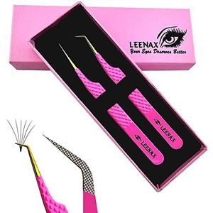 Leenax 2 stuks Fiber Tip (Anti – Slip) Wimper Extension Pincet, Rechte en 45 graden volume pincet, Japans roestvrij staal (roze)