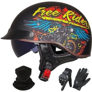 Vintage Motorhelm In Duitse Stijl, ECE 22.06 Goedgekeurd, Open Motorhelm, Retro Halve Helm met Zonneklep voor Volwassenen, Mannen en Vrouwen G-2,XL (59-60cm)