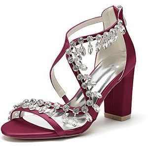 GHSIRUEU Strass Hakken Sandalen Voor Vrouwen Enkelbandje Chunky Blok Hakken Rits Trouwjurk Bruids Sandalen,Burgundy,36 EU