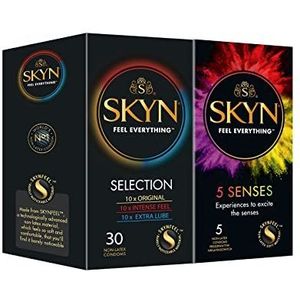 SKYN Selection Condooms Pack van 30 & 5 Senses/Skynfeel Latex vrij voor mannen, 10 x origineel, intens gevoel, extra glijmiddel, normale maat condooms, dun