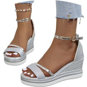 Dames Sleehak Sandalen Elegante Hoge Hakken Met Pailletten 2025 Bruids Romeinse Sandalen Zomer Open Teen Slingback Sandalen Platform Avondjurk Schoenen for Party(Silver,43 EU)