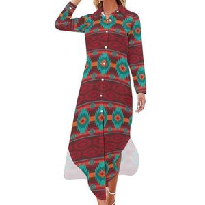 Southwestern Navajo patroon dames maxi-jurk lange mouwen knopen overhemd jurk casual feest lange jurken XL