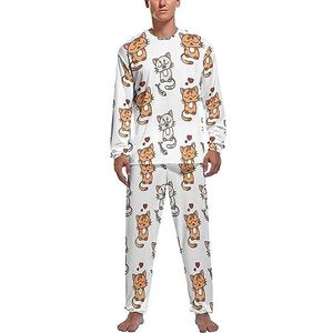 Love My Cat zachte herenpyjama-set comfortabele loungewear met lange mouwen, top en broek, geschenken S