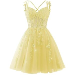 YIANN Kant Applique Tule Homecoming Jurken voor Tieners V-hals Backless Knielengte Cocktail Jurk Feestjurk, Lichtgeel, 32