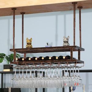 Wijnrekken Hangend wijnrek met glazen houder, plafondmontage, industrieel wijnflessenrek Hangend wijnglaswerk opbergrek Plafondplank (Color : Red Bronze, Size : 80x30cm)