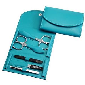 Manicure Set - 5-delige nagelverzorgingsset - echt nappa-lamsleer manicure etui - nagelschaar, huidschaar, nagelvijl, pincet en dubbel instrument (turquoise)