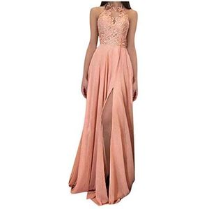 Keerads Damesjurk met V-hals, blote rug, kanten jurk, halterjurk, avondjurk, elegante cocktailjurk, multi-way maxi-jurk, lang, chiffon, partyjurk, roze, 42 NL