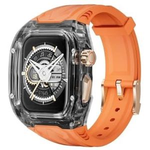 INSTR Luxe doorzichtige behuizing + TPU-band voor Apple Watch Series 9 8 7 45 mm horlogeband met roestvrijstalen gesp Mod Kit voor IWatch 6 5 4 Se 44 ​​mm DIY-modificatie(Color:Orange-BlackT,Size:45mm