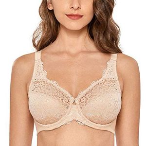 DELIMIRA Dames Beugelbeha Met Kant Tule Full Cups Katoen Grote Maten Beha Beige 85E