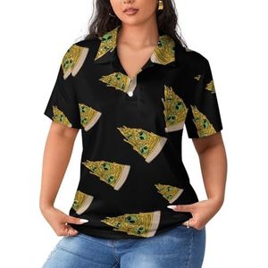 Groene Alien Head on A Pizza Dames Poloshirts met korte mouwen Casual T-shirts met kraag Golf Shirts Sport Blouses Tops 2XL