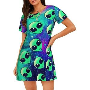 GXUNGT Groene zomerjas met alien-print, nachtkleding met korte mouwen, zacht en comfortabel, voor thuis en buiten, Zwart, S