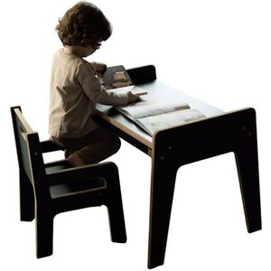 Babywood Tafel en stoel voor kinderen, kinderbureau set met houten stoel, veilige speeltafel set (zwart)