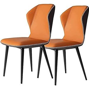 GEIRONV Eetkamerstoelen set van 2, keuken woonkamer lounge toonbank stoelen modern PU-leer hoge rugleuning gewatteerde zachte zitting ergonomie zitting metalen poten Eetstoelen (Color : Orange, Size