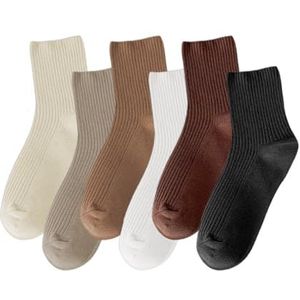 PFLYPF Hoge damessokken van puur katoen, verticaal patroon (kaki, melkthee, karamel, wit, melkwit, zwart), M