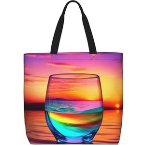 Kleurrijke glazen drank zonsondergang bedrukte herbruikbare boodschappentassen,Canvas Tote tas herbruikbare boodschappentassen strandtas schoudertas, Kleurrijke glazen drinken zonsondergang, Eén maat