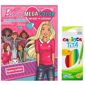 Barbie-Pack creatief kleurboek voor kinderen met 12 kleurpotloden om in te kleuren en stickers om te decoreren, ideaal voor kinderen vanaf 3 jaar - softcover